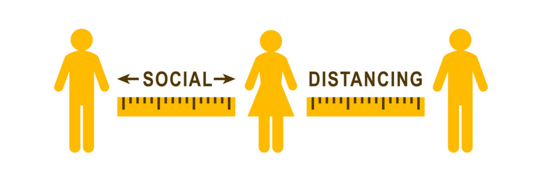 Social distancing sign with people apart from each other. Ruler showing correct distance or gap between them. 
