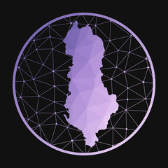 Albania icon. Vector polygonal map of the country. Albania icon in geometric style. The country map with purple low poly gradient on dark background.