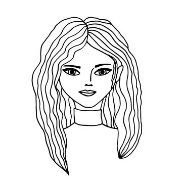 Portrait of beautiful young girl. Hand drawn line art illustration. Vector cartoon character.