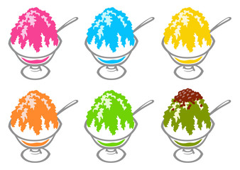 Shaved ice topped with flavored syrup against white background