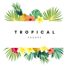 Green summer tropical background with exotic monstera palm leaves, pineapples, plumeria and hibiscus flowers. Vector floral background. Party flyer, invitation or banner template.