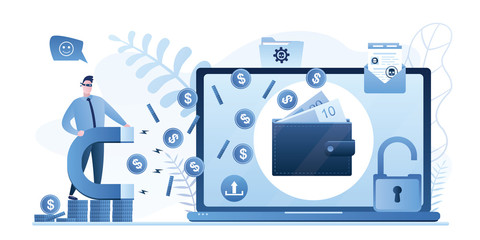 Laptop with e-wallet and hacker with big magnet attack computer. Theft of money from electronic accounts. © naum