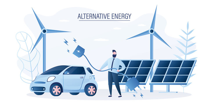Alternative energy concept. Wind power generators and solar panels. Modern electric car, businessman holds charging cord.