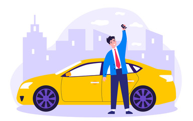 Happy young man leasing car flat vector illustration. Driver holding in hand keys to his new vehicle. Dealer making presentation for modern auto. Transport and lease concept