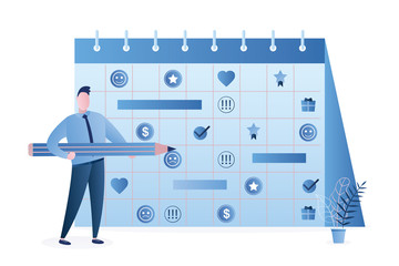 Monthly Planner or Calendar. Businessman with a pencil plans her schedule. Handsome male character in trendy blue color style.
