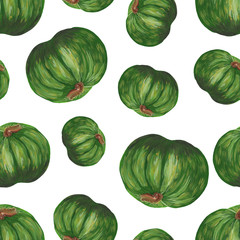 whole green pumpkin on white - square seamless pattern. Raster realistic illustration with a hand drawn pumpkin.