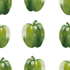 hand drawn green bell pepper isolated on white - raster square seamless pattern. Seamless print with whole green pepper