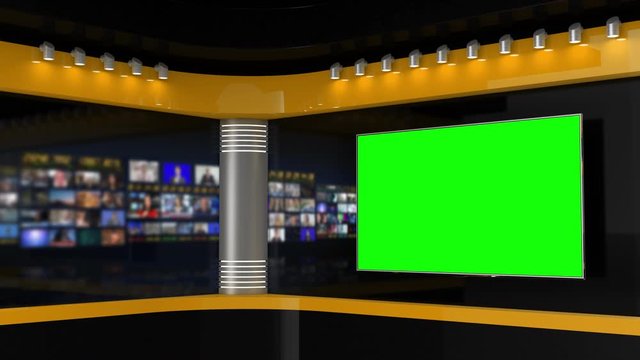 Tv Studio.  Yellow Studio. News studio. Newsroom Background for News Broadcasts. Blurred of studio at TV station. News channel design. Control room. 3D rendering
