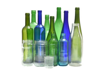 group of bottles and jars on white background