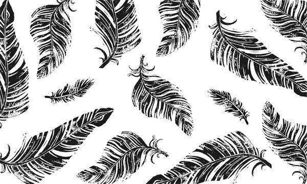 Vector leaf pattern. Linocut  pattern with feathers. 
Background with the image of black feathers on a white background.