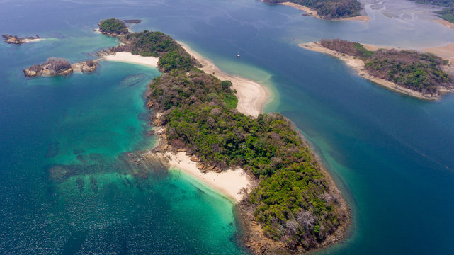 Aerial View of Las Perlas Islands with Coral and Rock Fringed Clear Water Beaches