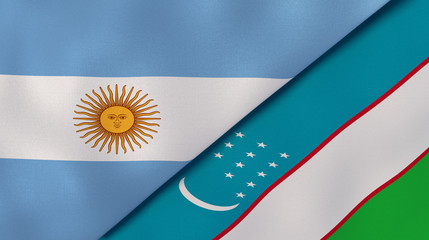 Obraz premium The flags of Argentina and Uzbekistan. News, reportage, business background. 3d illustration