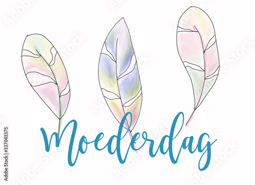 Mothers day illustration with the Dutch word Moederdag. Watercolor painted feathers on a white background.