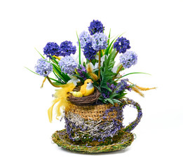 Decorative easter flower arrangement of hyacinths on white background