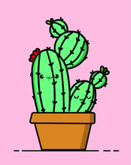 Cute succulent or cactus plant with happy face vector illustration.Bright colors. Funny face.