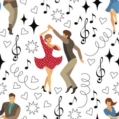 seamless pattern of retro dancers in the style of the 50s. a drawing in the style of the cartoon. it can be used for textile design and background creation. stock vector illustration. EPS 10.