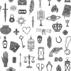 Seamless pattern with magic and mystical items, gray illustration vintage style