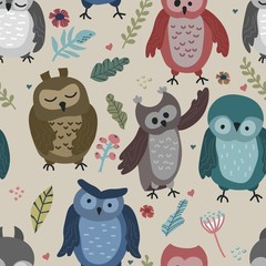 Vector seamless pattern with cute owls, leaves