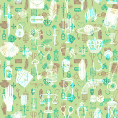 Seamless pattern with magic and mystical items, vintage style illustration on green background