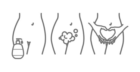 Intimate hygiene. Woman body. Female body intimate hygiene gel, cleansing foam, women hands in a gesture of heart. Vector line illustration