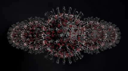 3D rendering of covid-19 coronavirus on a dark background. A coronavirus led by an army of viruses. An attack, an attack of microorganisms on humanity. A global disaster, a human disaster.