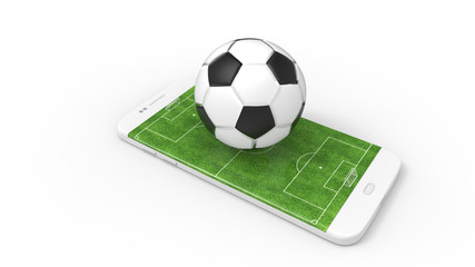 Mobile soccer. Moblie football. Football field on the smartphone screen and ball. Online ticket sales concept. 3D rendering.