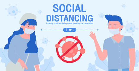 Girl and  man wearing protective medical mask stand 1 meter apart for protect coronavirus. covid-19 outbreaking and pandemic attack concept. Social distancing between people