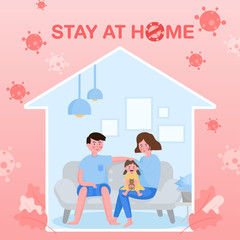 the family father, mother and baby girl. stay at home for protect coronavirus. covid-19 outbreaking and pandemic attack concept. 