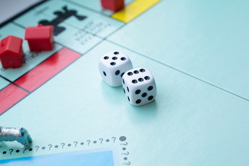 Colored Board game figures on the playing field, Board game, soft focus