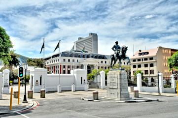  Statue of Louis Botha in front of the South African Parliament building on Roeland Street, Cape...