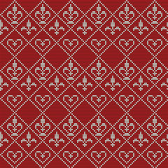 Knitting background with crowns, royal lilies, hearts. White pattern on a red background. Vector pattern