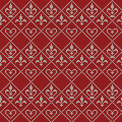 Knitting background with crowns, royal lilies, hearts. White pattern on a red background. Vector pattern