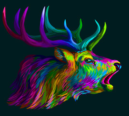 Deer. Abstract, neon, multi-colored portrait of a roaring deer on a dark green background.