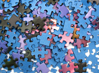 Jigsaw puzzle color background. Selective focus of pieces puzzle jigsaw, puzzle background. - obrazy, fototapety, plakaty