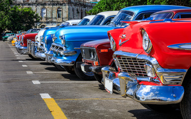 Colorful group of classic cars in Old Havana, an iconic sight in 