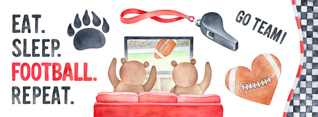 American Football watercolour set with sport symbols, funny bears, tv-set and motivational phrase: "Eat. Sleep. Football. Repeat". Red, black, brown colors. Hand painted clip art elements for design.