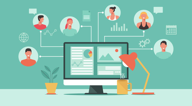 people connecting and working online together on computer, remote working, work from home, work from anywhere, new normal concept, vector flat illustration