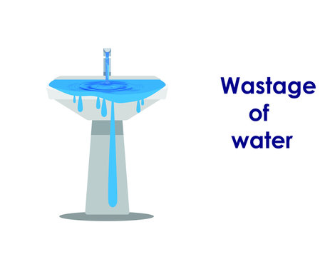 Wastage of water theme. Wastage of water from running tap as sink is overflow with the water. Wastage of water drop from overflowing sink and spreading on the floor.