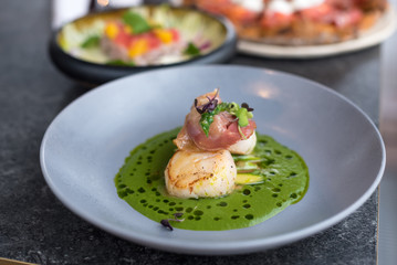 Seared Scallops with Pea Puree, Bacon and Asparagus