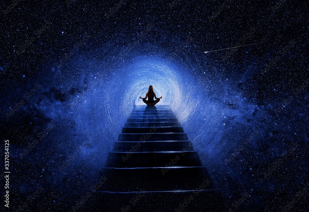 Wall mural woman in yoga pose at top of stair