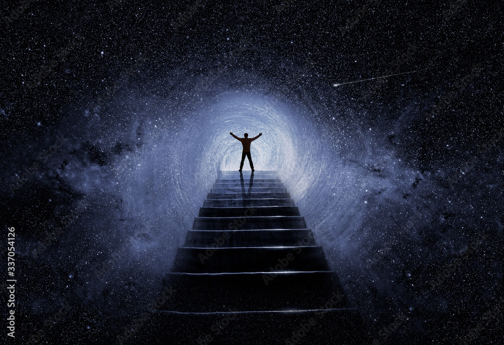 Wall mural man with posture of success on top of ladder
