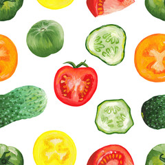 whole tomatoes and cucumbers and slices - seamless print isolated on white. Square raster seamless pattern of red, yellow and green tomatoes and cucumbers