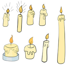 cartoon candles set black outline on white background