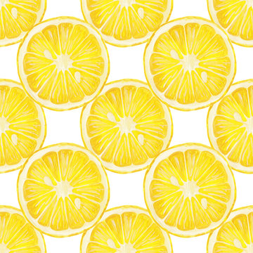 yellow lemon round slice - seamless print on a white background. Raster square seamless pattern with lemon slice hand-drawn with gouache paints in realistic style.
