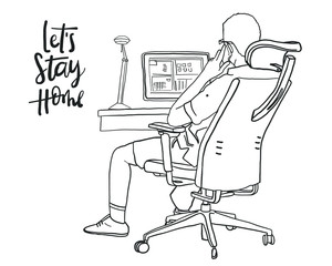 illustration poster sketch on the topic of self-isolation in quarantine. remote work, home office for business. stay at home