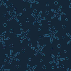 Doodle starfish pattern with bubbles. Summer pattern with doodle starfish. Outline starfish background