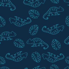 Seamless pattern with doodle chameleons and tropical leaves on dark blue background. Reptile background. Reptile pattern with doodle chameleons and tropical leaves