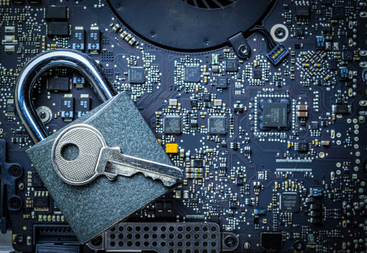 Data protecting Security Concept. Computer Internet protection with lock, key on microscheme chip. System Shield Protection Verification.