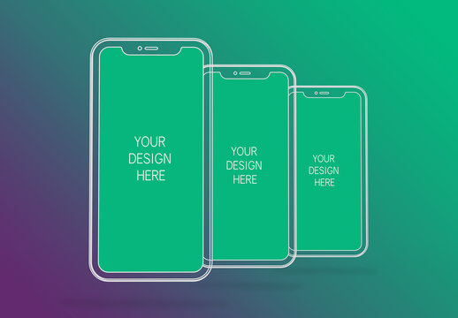 3 Wireframe Smartphones Screen Mockups with Transparent Background