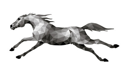 Galloping silver horse  image in low poly style, isolated on white background